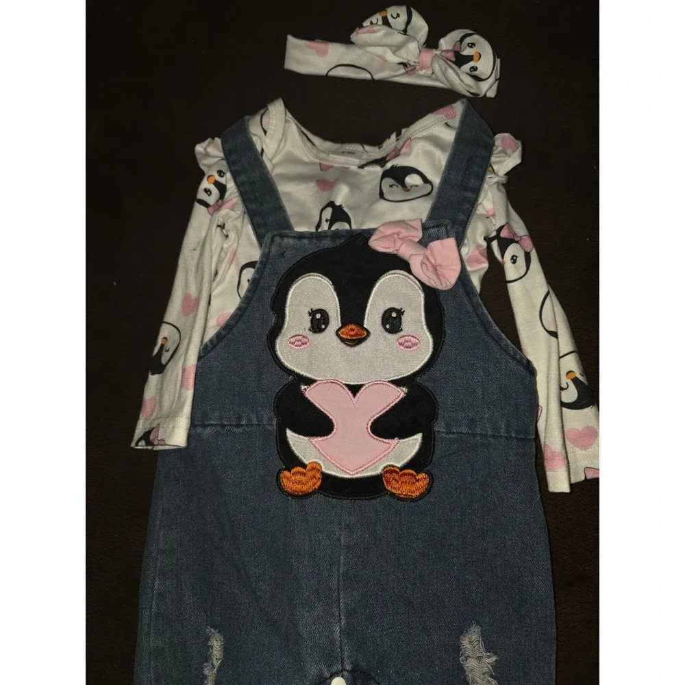 Boutique penguin‎ distressed overalls bodysuit headband size 6 9 months